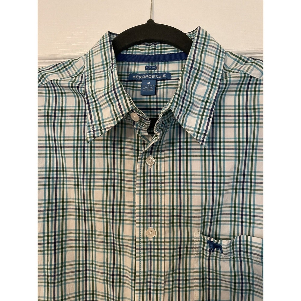aeropostale long sleeve Button‎ mens Athletic shirt Medium Slim Blue Green Plaid
